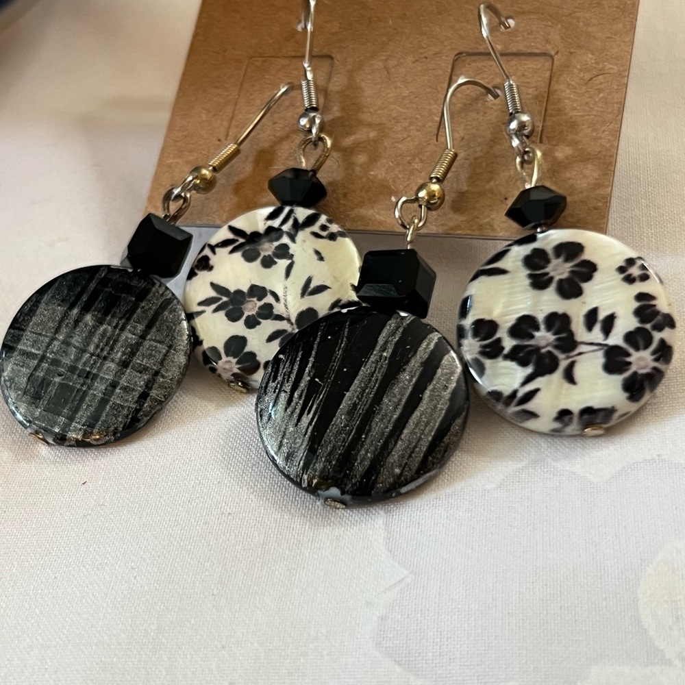 Hand crafted flat round flower and stripe print acrylic earrings